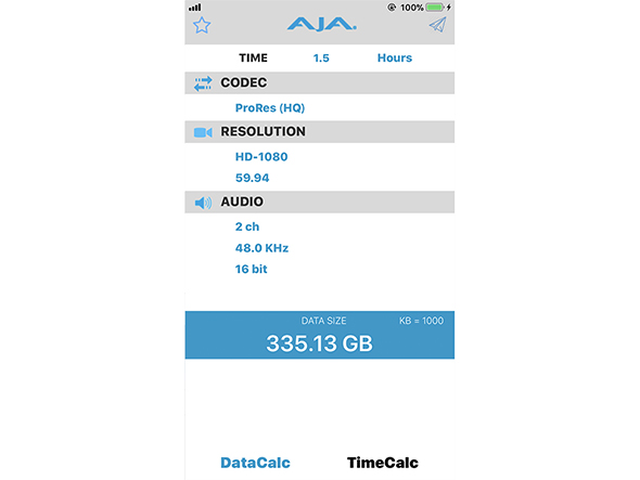 映像制作現場で大活躍！映像コーデック別容量計算アプリ「AJA datacalc」